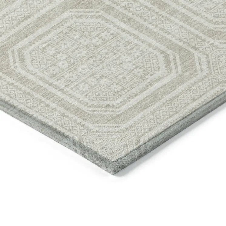 8' X 10' Beige And Ivory Geometric Washable Indoor Outdoor Area Rug