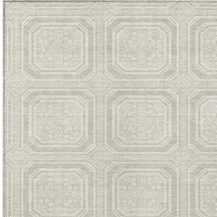 8' X 10' Beige And Ivory Geometric Washable Indoor Outdoor Area Rug