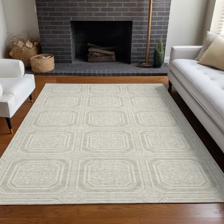 8' X 10' Beige And Ivory Geometric Washable Indoor Outdoor Area Rug