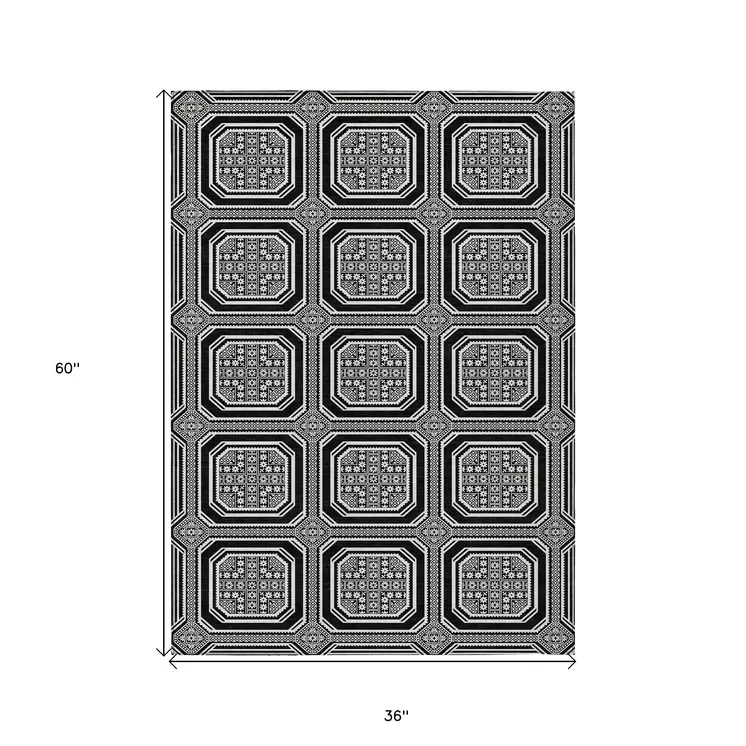 3' X 5' Black And Ivory Geometric Washable Indoor Outdoor Area Rug