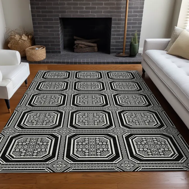 3' X 5' Black And Ivory Geometric Washable Indoor Outdoor Area Rug