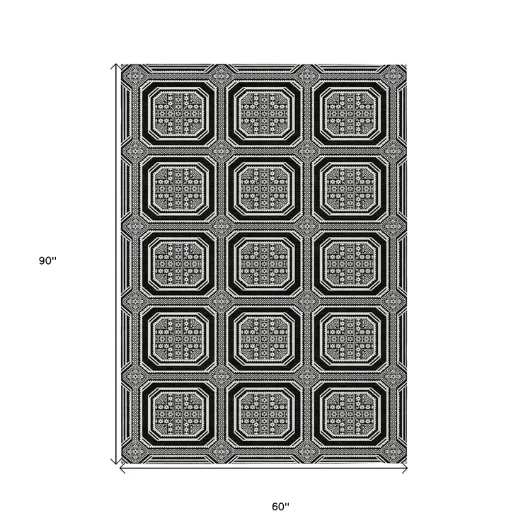 5' X 8' Black And Ivory Geometric Washable Indoor Outdoor Area Rug