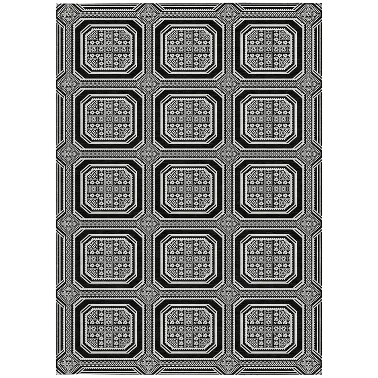 5' X 8' Black And Ivory Geometric Washable Indoor Outdoor Area Rug