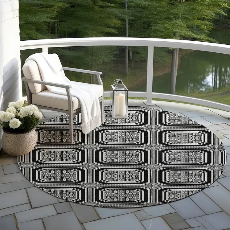 8' Black And Ivory Round Geometric Washable Indoor Outdoor Area Rug