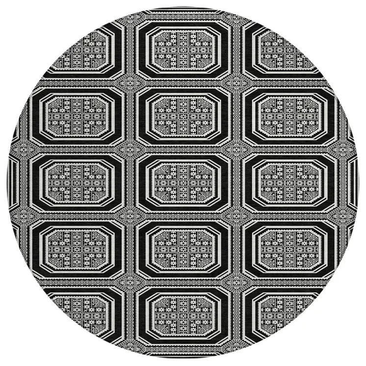 8' Black And Ivory Round Geometric Washable Indoor Outdoor Area Rug