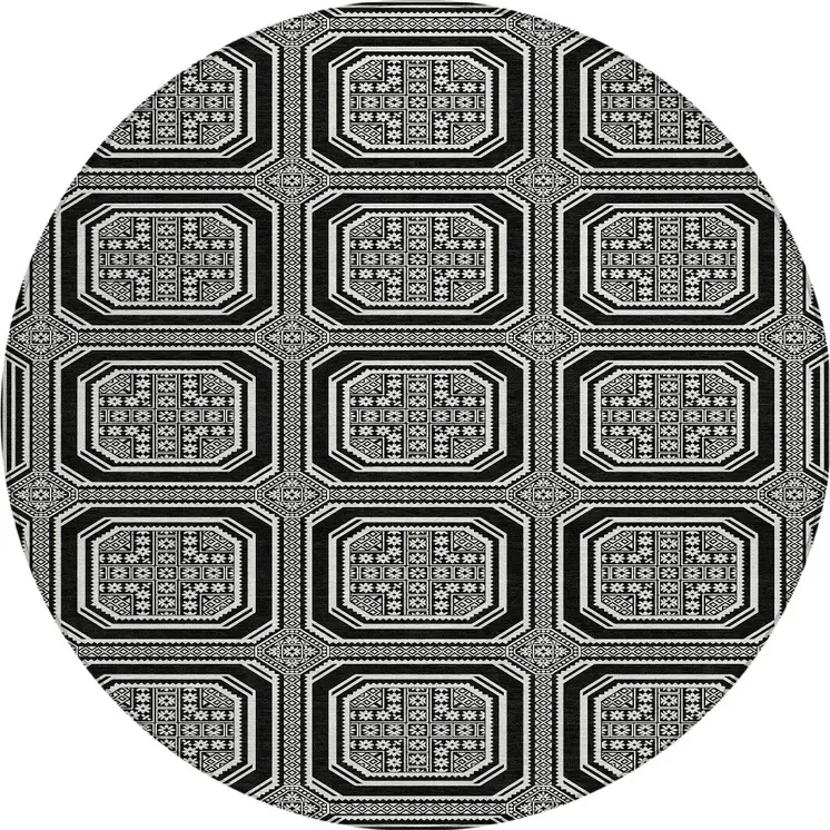 8' Black And Ivory Round Geometric Washable Indoor Outdoor Area Rug