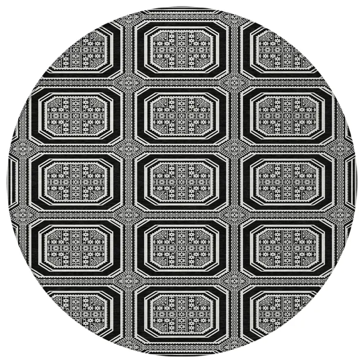 8' Black And Ivory Round Geometric Washable Indoor Outdoor Area Rug