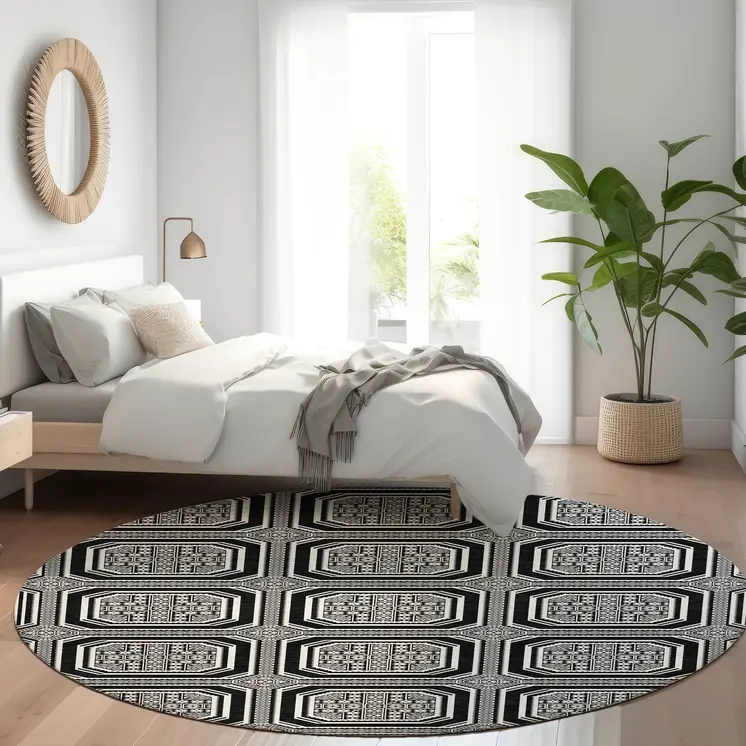 8' Black And Ivory Round Geometric Washable Indoor Outdoor Area Rug