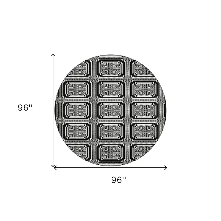 8' Black And Ivory Round Geometric Washable Indoor Outdoor Area Rug