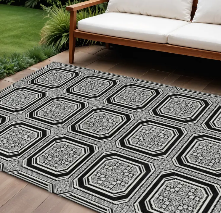 9' X 12' Black And Ivory Geometric Washable Indoor Outdoor Area Rug