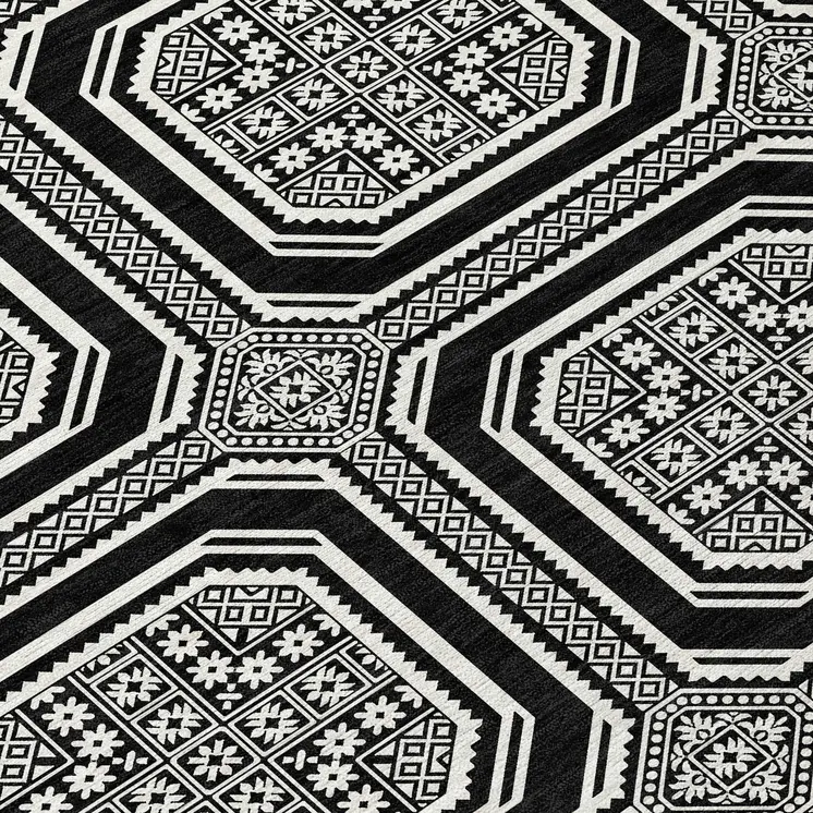 9' X 12' Black And Ivory Geometric Washable Indoor Outdoor Area Rug