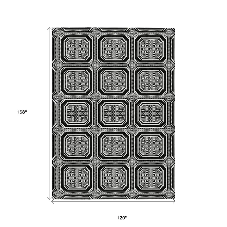 10' X 14' Black And Ivory Geometric Washable Indoor Outdoor Area Rug