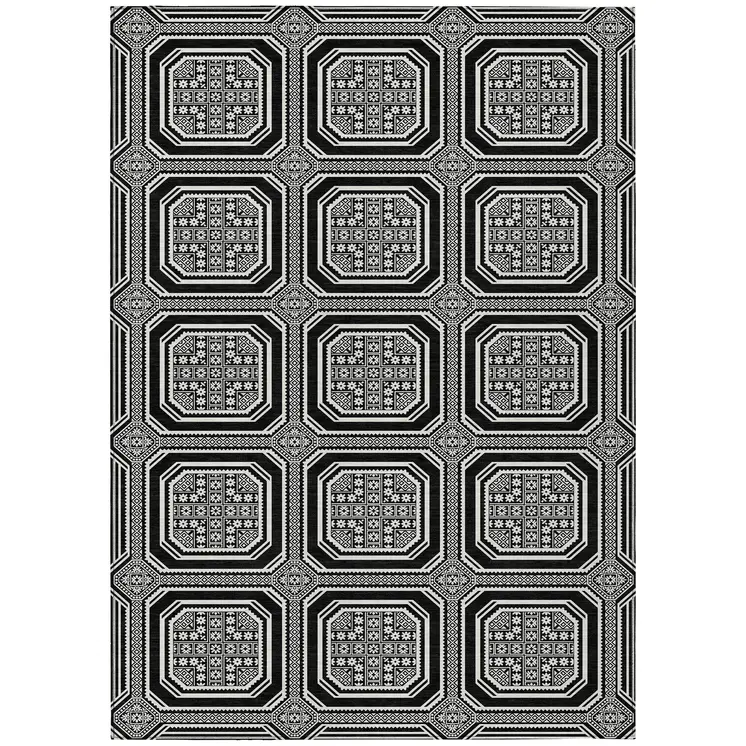 10' X 14' Black And Ivory Geometric Washable Indoor Outdoor Area Rug