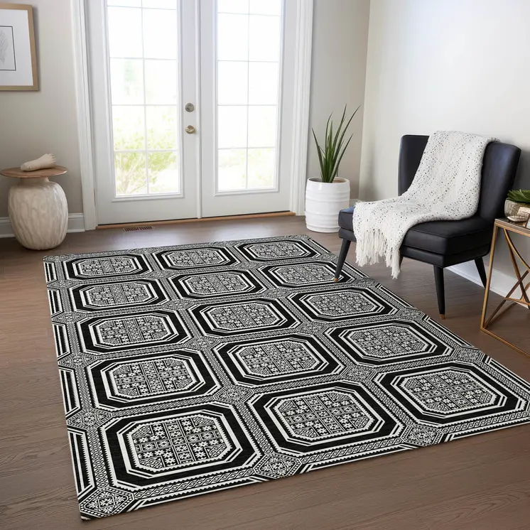 10' X 14' Black And Ivory Geometric Washable Indoor Outdoor Area Rug