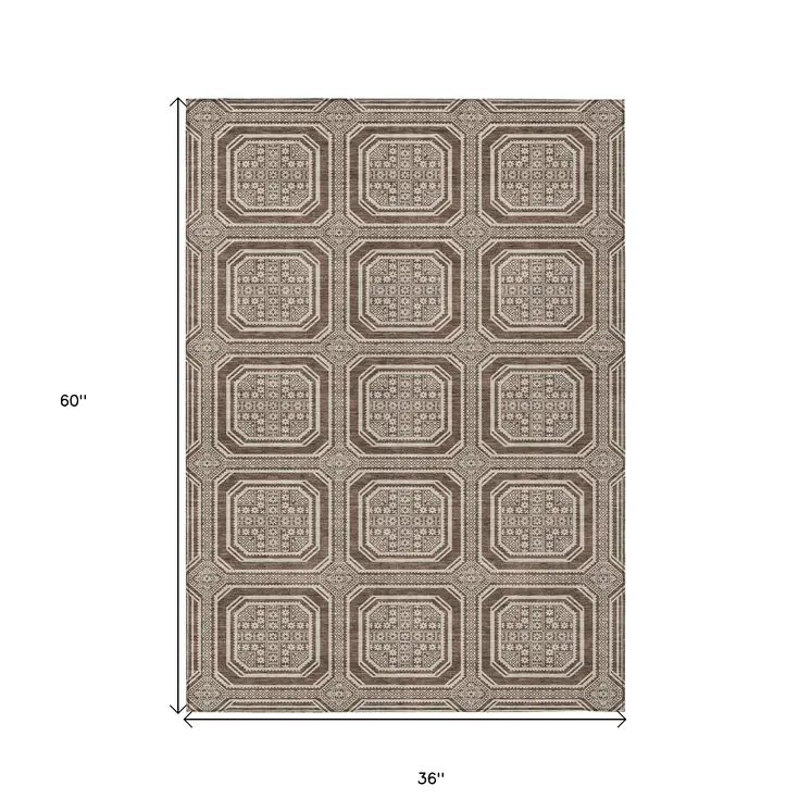 3' X 5' Brown And Beige Geometric Washable Indoor Outdoor Area Rug