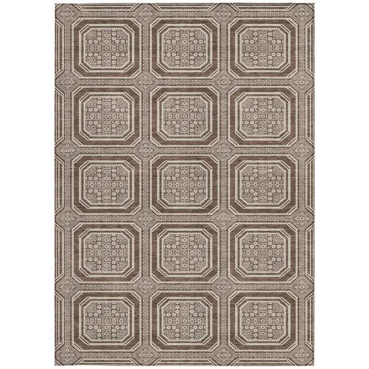 3' X 5' Brown And Beige Geometric Washable Indoor Outdoor Area Rug
