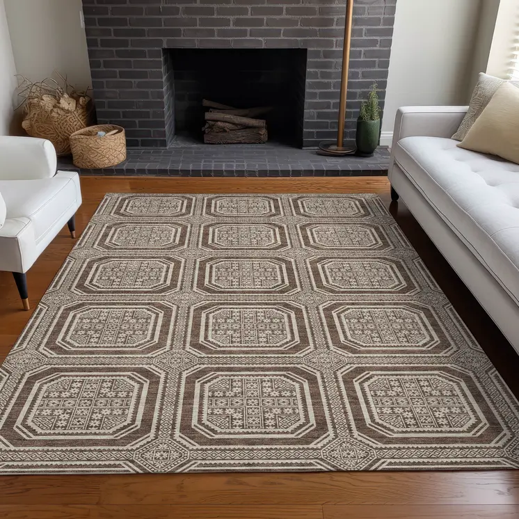 3' X 5' Brown And Beige Geometric Washable Indoor Outdoor Area Rug