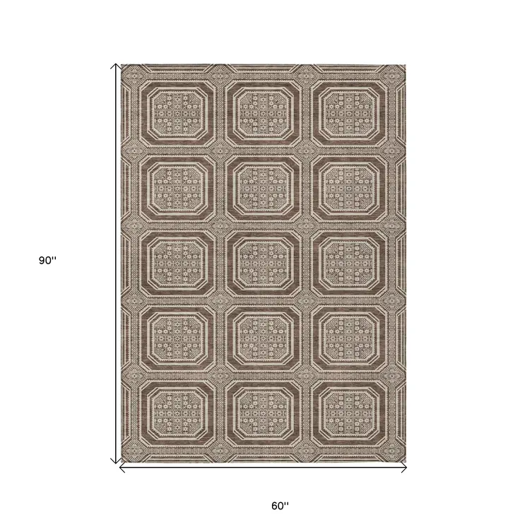 5' X 8' Brown And Beige Geometric Washable Indoor Outdoor Area Rug