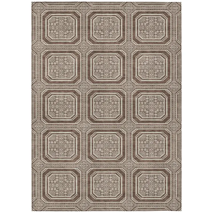 5' X 8' Brown And Beige Geometric Washable Indoor Outdoor Area Rug
