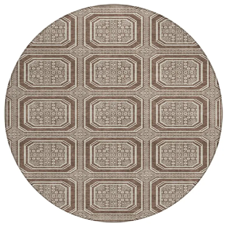 8' Brown And Beige Round Geometric Washable Indoor Outdoor Area Rug