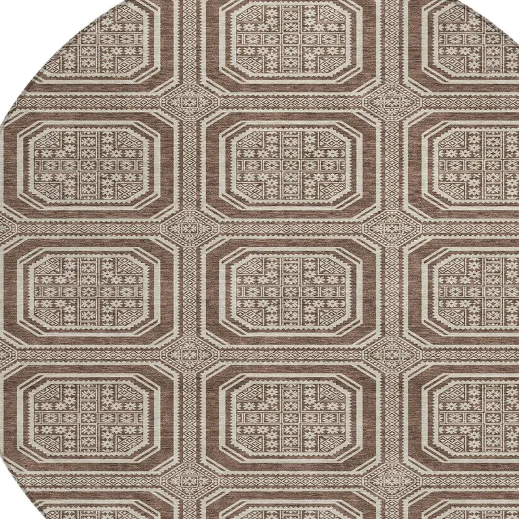 8' Brown And Beige Round Geometric Washable Indoor Outdoor Area Rug