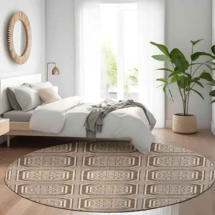 8' Brown And Beige Round Geometric Washable Indoor Outdoor Area Rug