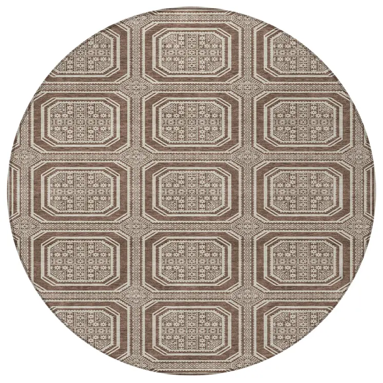 8' Brown And Beige Round Geometric Washable Indoor Outdoor Area Rug