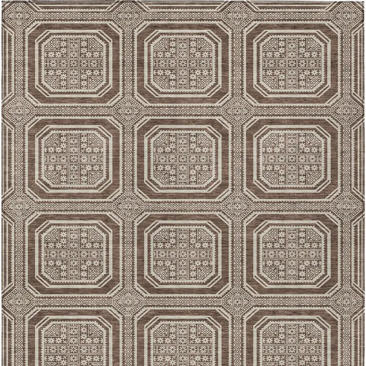9' X 12' Brown And Beige Geometric Washable Indoor Outdoor Area Rug