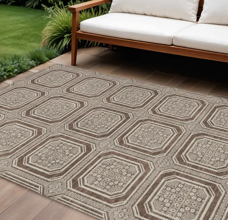 9' X 12' Brown And Beige Geometric Washable Indoor Outdoor Area Rug