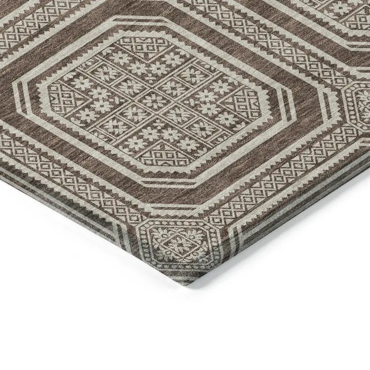 9' X 12' Brown And Beige Geometric Washable Indoor Outdoor Area Rug