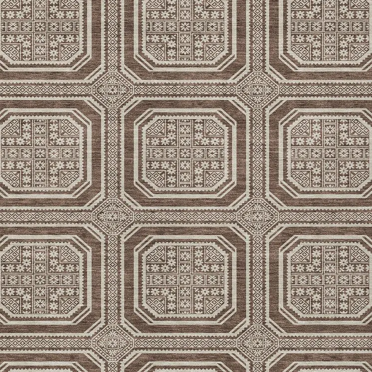 9' X 12' Brown And Beige Geometric Washable Indoor Outdoor Area Rug