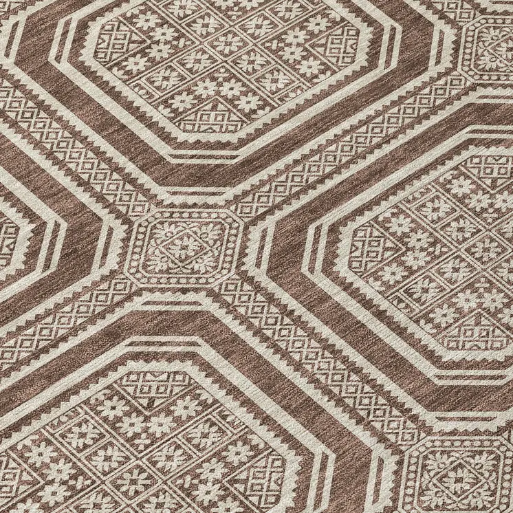9' X 12' Brown And Beige Geometric Washable Indoor Outdoor Area Rug