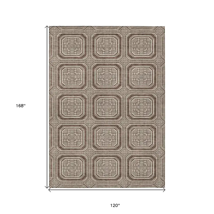 10' X 14' Brown And Beige Geometric Washable Indoor Outdoor Area Rug