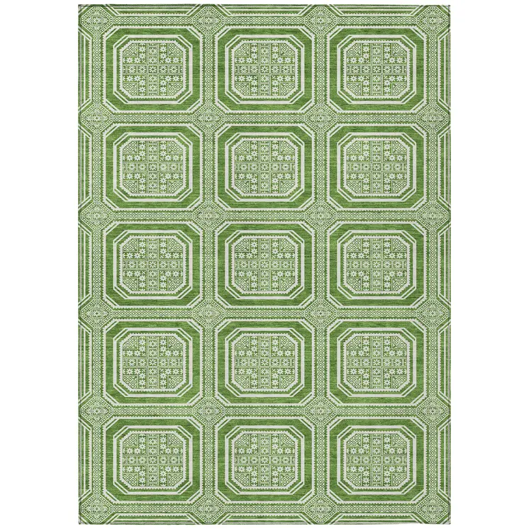 5' X 8' Green And Ivory Geometric Washable Indoor Outdoor Area Rug