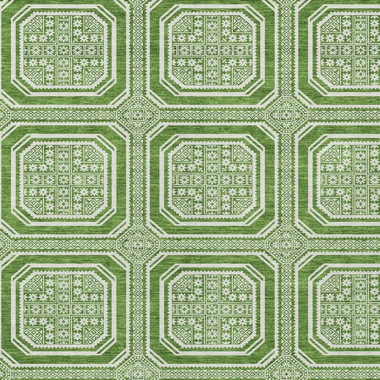 5' X 8' Green And Ivory Geometric Washable Indoor Outdoor Area Rug
