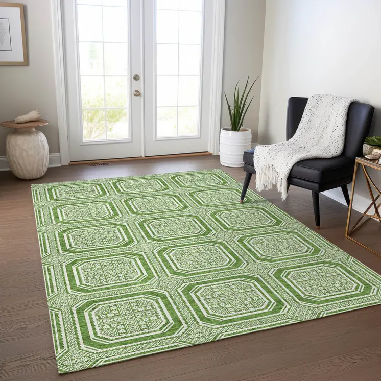 5' X 8' Green And Ivory Geometric Washable Indoor Outdoor Area Rug