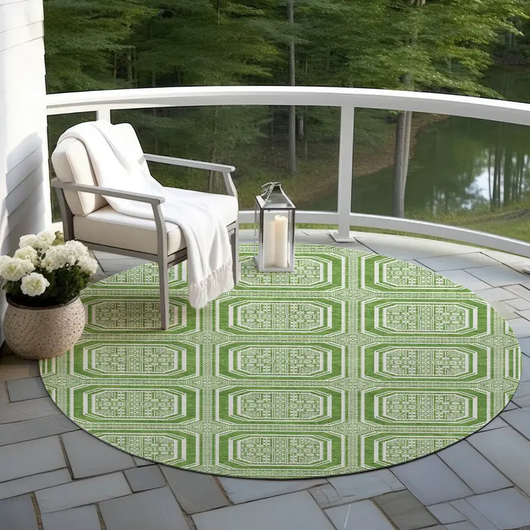 8' Green And Ivory Round Geometric Washable Indoor Outdoor Area Rug