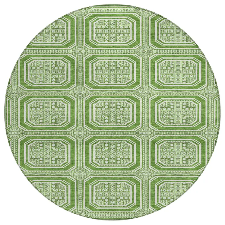 8' Green And Ivory Round Geometric Washable Indoor Outdoor Area Rug