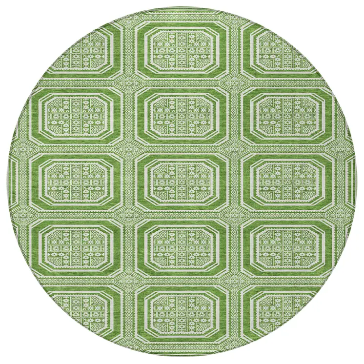 8' Green And Ivory Round Geometric Washable Indoor Outdoor Area Rug