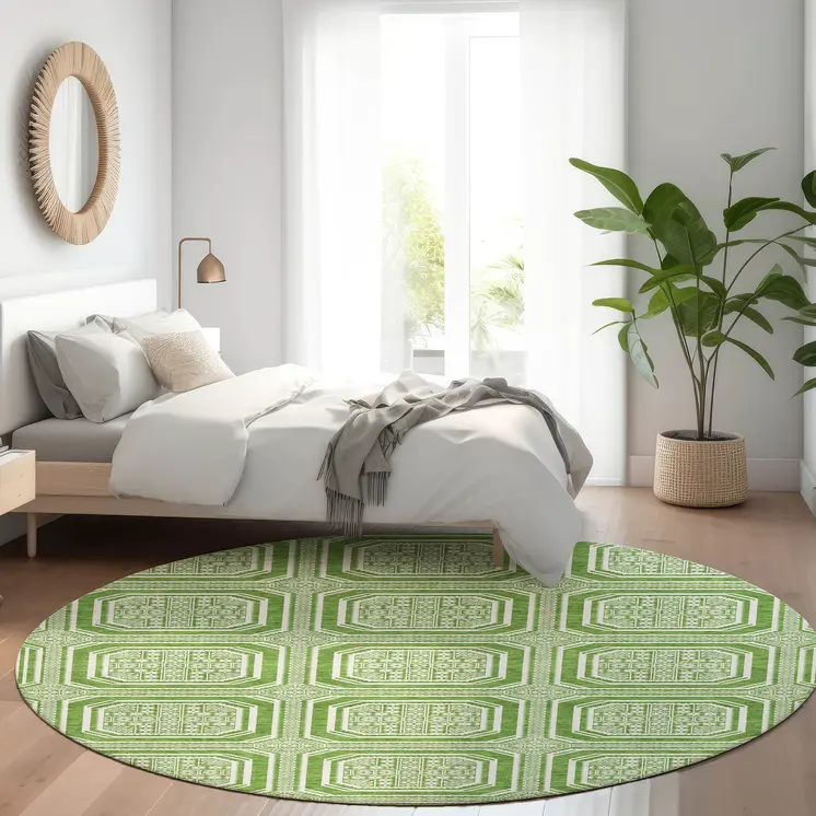8' Green And Ivory Round Geometric Washable Indoor Outdoor Area Rug