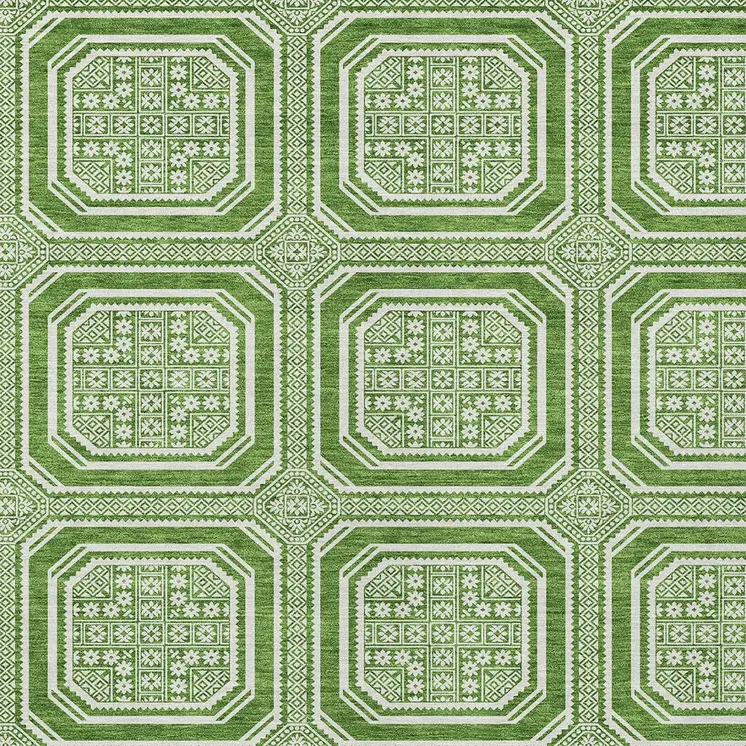 8' X 10' Green And Ivory Geometric Washable Indoor Outdoor Area Rug