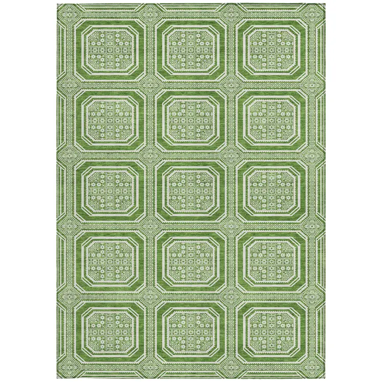 10' X 14' Green And Ivory Geometric Washable Indoor Outdoor Area Rug