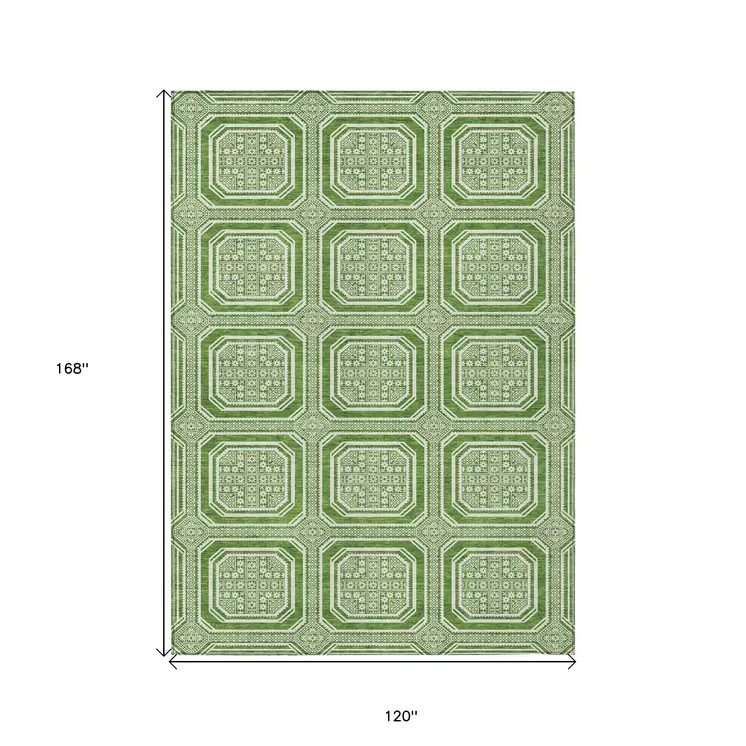10' X 14' Green And Ivory Geometric Washable Indoor Outdoor Area Rug