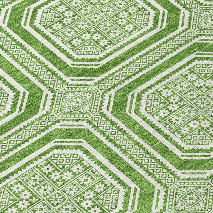 10' X 14' Green And Ivory Geometric Washable Indoor Outdoor Area Rug
