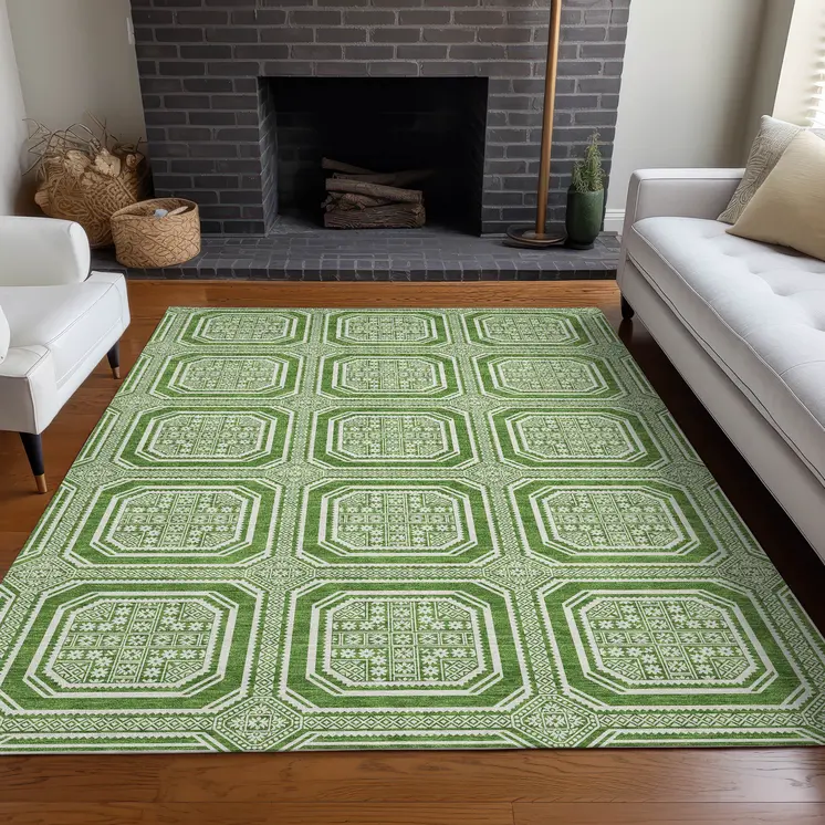 10' X 14' Green And Ivory Geometric Washable Indoor Outdoor Area Rug