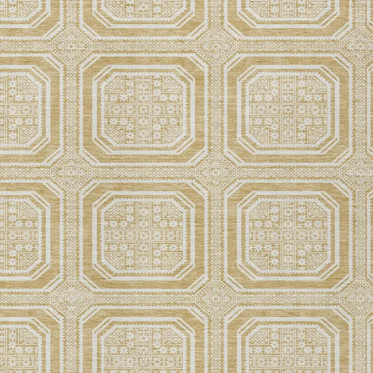 3' X 5' Gold And Ivory Geometric Washable Indoor Outdoor Area Rug