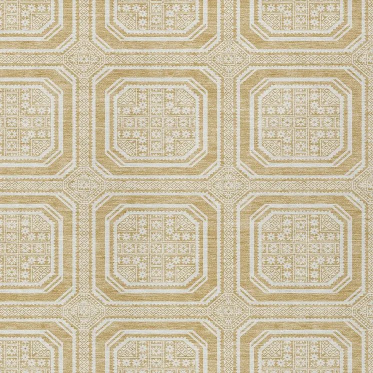 5' X 8' Gold And Ivory Geometric Washable Indoor Outdoor Area Rug