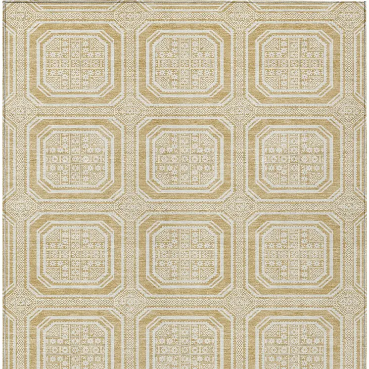 5' X 8' Gold And Ivory Geometric Washable Indoor Outdoor Area Rug