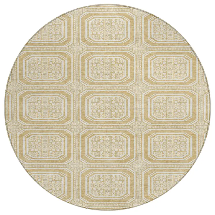 8' Gold And Ivory Round Geometric Washable Indoor Outdoor Area Rug