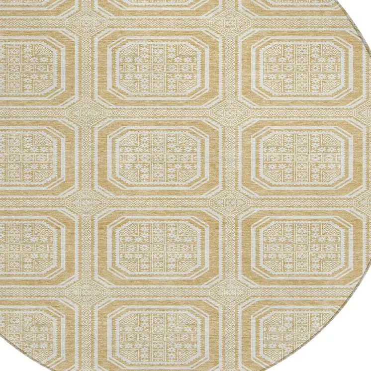 8' Gold And Ivory Round Geometric Washable Indoor Outdoor Area Rug